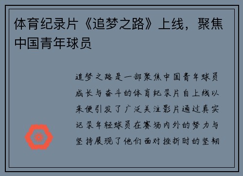 体育纪录片《追梦之路》上线，聚焦中国青年球员