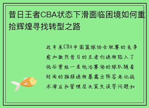 昔日王者CBA状态下滑面临困境如何重拾辉煌寻找转型之路